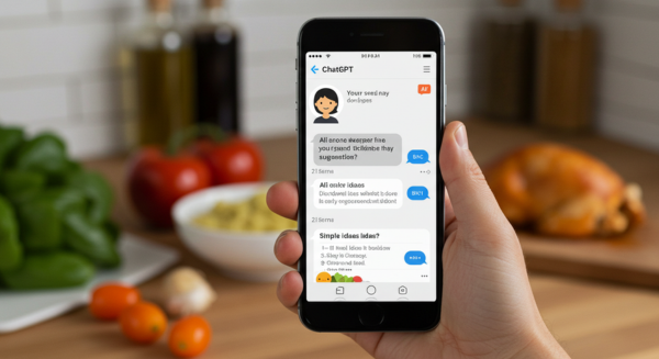 Pessoa usando ChatGPT no smartphone para obter ideias de receitas para o jantar, demonstrando IA prática para o dia a dia