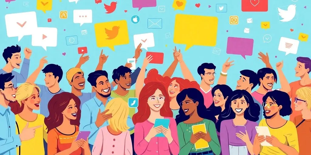 Usuários interagindo nas redes sociais com dispositivos coloridos.