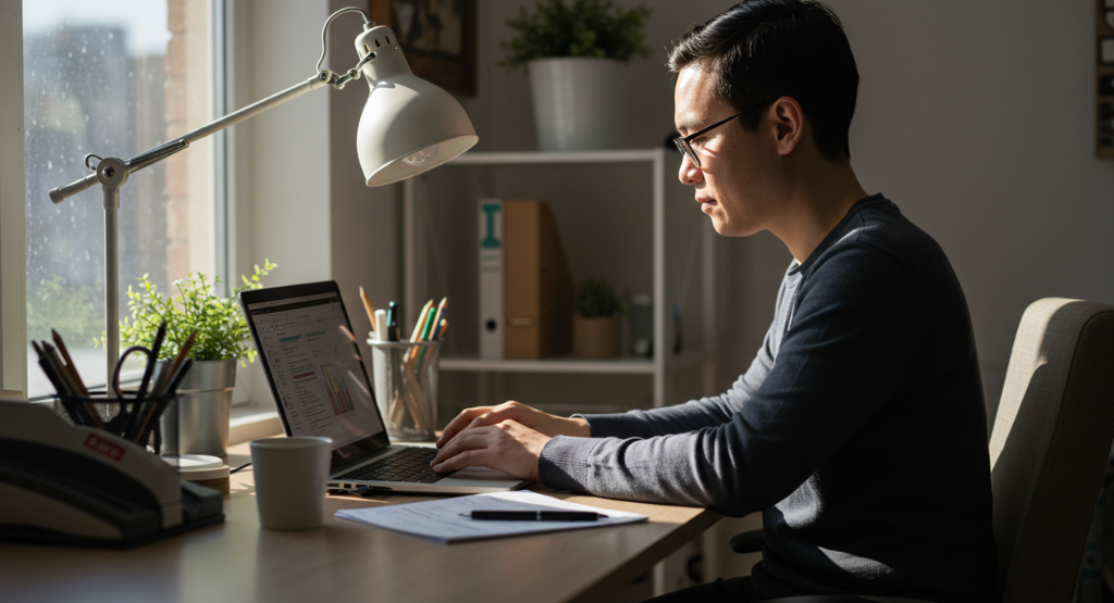 Pessoa concentrada em um laptop em um ambiente de trabalho limpo e organizado.