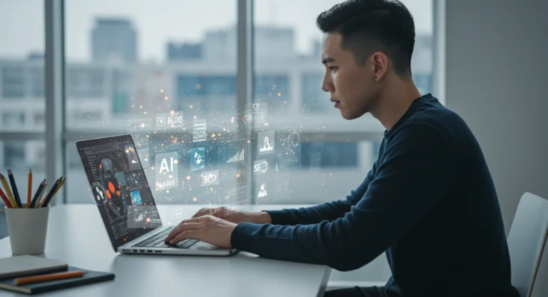ferramentas de criação de conteúdo de IA em uso em um espaço de trabalho digital moderno