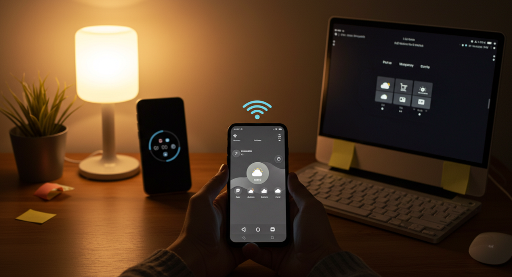 pessoa usando ferramentas de IA e dispositivos domésticos inteligentes para automatizar tarefas diárias em um escritório doméstico aconchegante