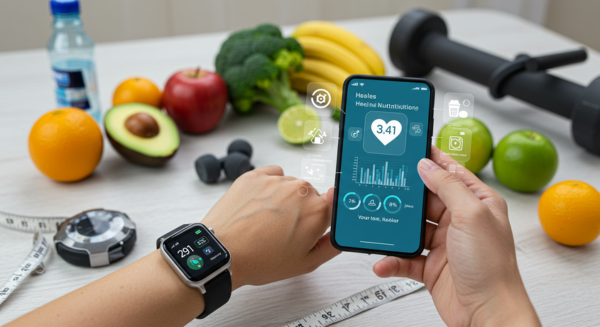 Pessoa usando dispositivos e aplicativos de monitoramento de saúde com IA para orientação personalizada de condicionamento físico e nutrição