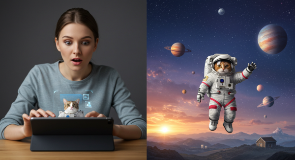 Pessoa gerando arte com IA de um gato astronauta usando prompts de texto simples, mostrando o potencial criativo da inteligência artificial para iniciantes
