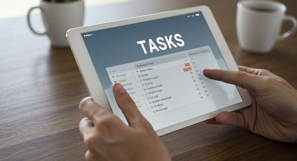 Uma pessoa organizando tarefas usando um aplicativo de produtividade em um tablet.