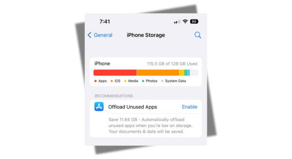 Tela de gerenciamento de armazenamento do iPhone mostrando apps que ocupam mais espaço