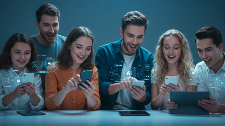 Grupo diversificado de pessoas explorando aplicações de IA em dispositivos cotidianos, representando inteligência artificial acessível para iniciantes