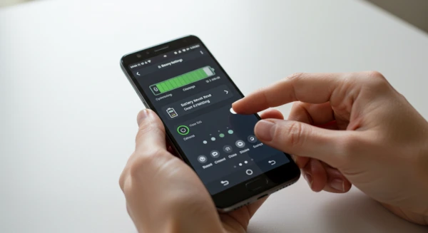 Pessoa ativando recursos de economia de bateria nas configurações do smartphone Android