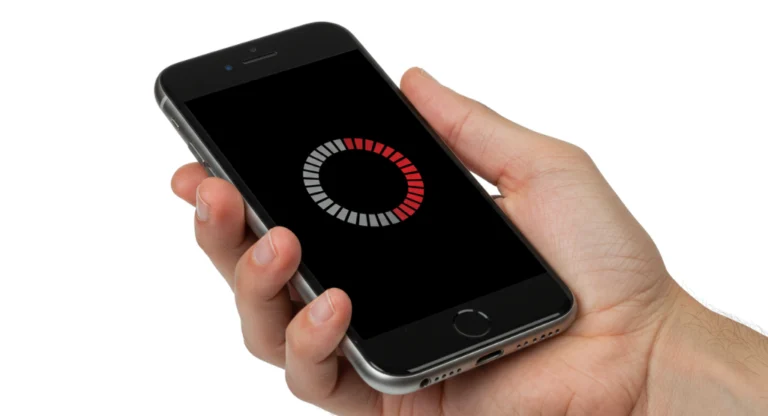 Pessoa frustrada olhando para iPhone lento com símbolo de carregamento na tela